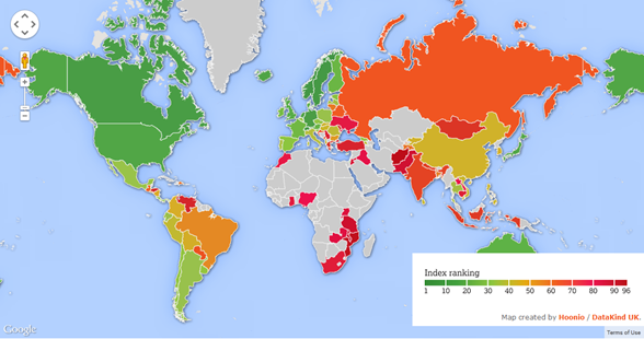 Mapa elaborado por Global AgeWatch. Los colores más cercanos al verde indican una mejor calidad de vida.
